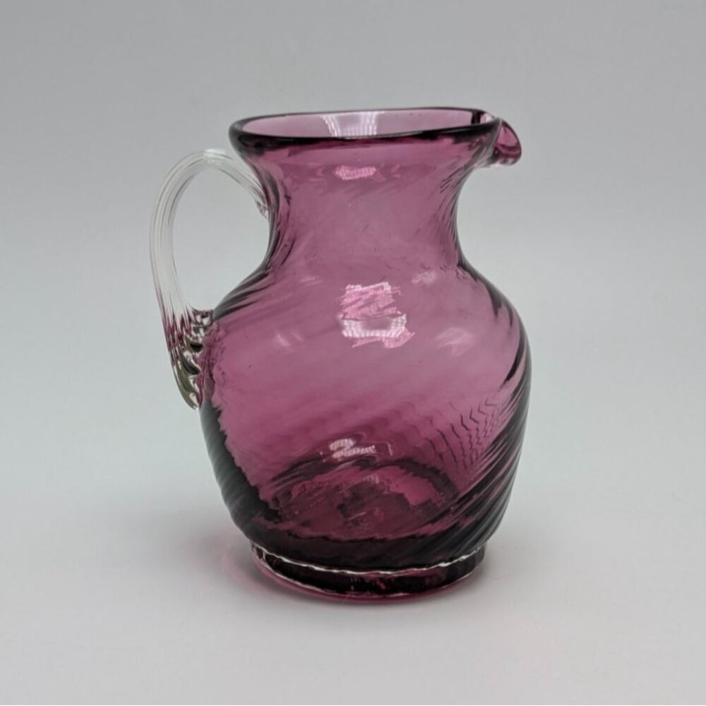 Pilgrim Glass Cranberry Hand Blown Twisted Ribbed Art Glass Pitcher Creamer